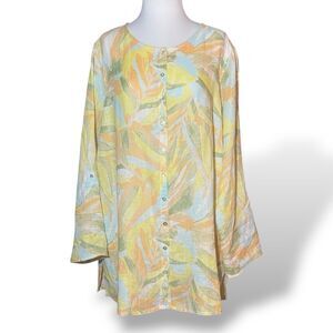 Rachel Zoe Linen Button Down Tunic Shirt Blouse Plus Size 2X Roll Tab Sleeves
